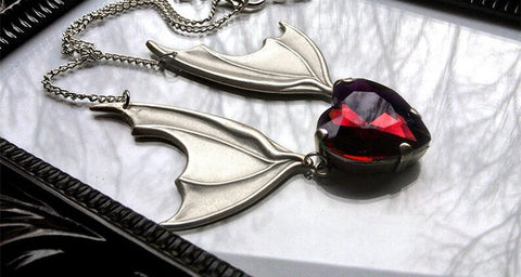 Bat Wing Necklace with Red Heart ,Vampire Bat Necklace,gift for Bat Lover,Victorian Silver plated Bat Wing Necklace,halloween