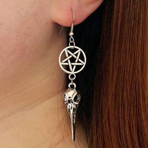 Bird Skull Earrings Witch Jewelry Gothic Earrings Pentagram Crow Skull Gothic Pagan Earrings Gift Wiccan