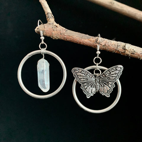 Butterfly  raw crystal earrings stainless steel ring gifts from nature Wicca accessories gifts