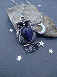 Celestial Necklace Night Owl Necklace Blue Stone Steel Moon and Star Blue Goldstone Necklace Owl Pendant Celestial Jewelry