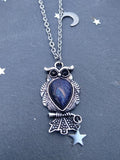 Celestial Necklace Night Owl Necklace Blue Stone Steel Moon and Star Blue Goldstone Necklace Owl Pendant Celestial Jewelry