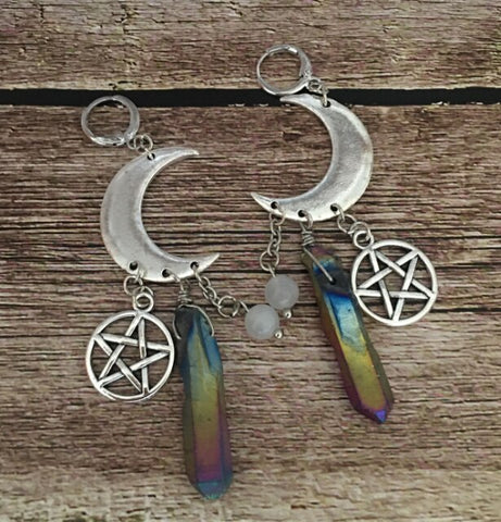 Crescent Moon -Pentagram Quartz Crystal Witchy Earrings - Goth - Gothic - Witchy - Celestial - Jewelry - Silver Plated- Moon