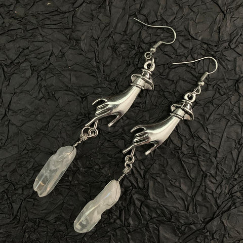 Earrings, moon, hand, sun, raw crystal, witch, accessories, wicca gifts