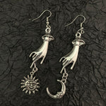 Earrings, moon, hand, sun, raw crystal, witch, accessories, wicca gifts