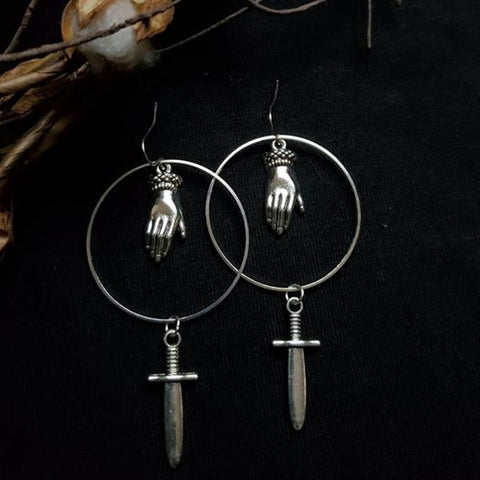 Esoterica Dagger Earrings Hand Hoop Victorian Silver Color Vintage Goth Sorcerer Jewellery   Fashion Classical Gift