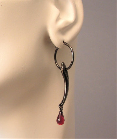 Fang Earring, Gothic Jewelry, Goth Fang Earring, Red Stone, Hoop Earring, Fang, Goth Jewelry, Vampire, Gothic, Goth Earring