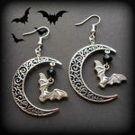 Flying Bat & Crescent Moon Earrings,Hollow Moon Earrings, Gothic Vampire Bat Earrings, Halloween Earrings,Witch Jewellery