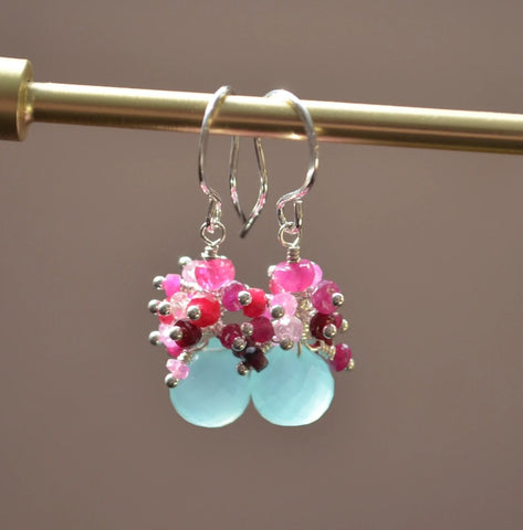 Genuine Ruby Earrings, Sterling Silver Jewelry, Real Chalcedony, Aqua Gemstones, Red and Pink, Cluster Ear Rings