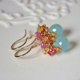 Genuine Ruby Earrings, Sterling Silver Jewelry, Real Chalcedony, Aqua Gemstones, Red and Pink, Cluster Ear Rings