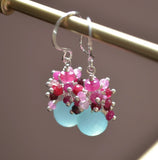 Genuine Ruby Earrings, Sterling Silver Jewelry, Real Chalcedony, Aqua Gemstones, Red and Pink, Cluster Ear Rings