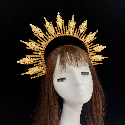 Gold Spike Halo Crown Pearl Headpiece Fairy Lolita Sunburst Fairy Wedding Bride Plastic ZIP TIE and Metal piece Wrap Hair band