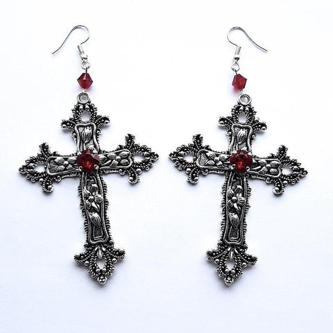 Goth Large Detailed Cross Drill Jewel Earrings Tone Punk Halloween Creativity Jewellery Fashion Charm Statement Women Gift(Red