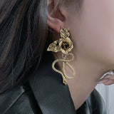 Goth Snake And Rose Big Statement Stud Earrings For Women Vintage Punk Oversized Flower Long Earrings Y2k Jewelry Korean Fashion - Stud Earrings