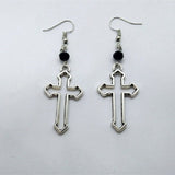 Gothic Cross with Black Glass Earrings Beads Hollow Cross Dangle Silver Colour Goth Jewelry Fashion Novelty Women Gift Friend