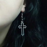 Gothic Cross with Black Glass Earrings Beads Hollow Cross Dangle Silver Colour Goth Jewelry Fashion Novelty Women Gift Friend