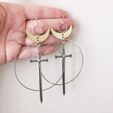 Gothic Golden Moon Excalibur Earrings Ring Sword Classic Eardrop Big Sword Punk Statement Mystical Goth Jewellery Women Gift