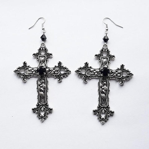 Gothic Large Detailed Cross Black Drill Jewel Earrings Punk Halloween Jewellery Creativity Fashion Gorgeous Statement Women Gift