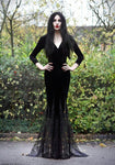 M-3XL Morticia Addams Costume Cosplay Halloween Sexy Gothic Wicked Witch Horror Maxi Lace Floor Dress Mermaid Outfit For Women