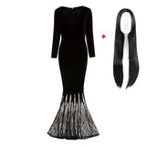 M-3XL Morticia Addams Costume Cosplay Halloween Sexy Gothic Wicked Witch Horror Maxi Lace Floor Dress Mermaid Outfit For Women