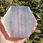 Natural selenite stone hexagon disk gypsum crystal Flower of Life Chakra sexangle Plate