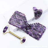 Purple Crystal Jade Face Mask Gua Sha Scraper Massager Roller Set Natural Amethyst