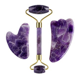 Purple Crystal Jade Face Mask Gua Sha Scraper Massager Roller Set Natural Amethyst