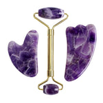 Purple Crystal Jade Face Mask Gua Sha Scraper Massager Roller Set Natural Amethyst