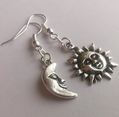 Handmade Asymmetrical Earrings,Sun and Moon Earrings,Dangling Mismatched Earrings,Celestial Jewellery,Sun&Moon Jewelry,Boho Gift