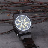 Handmade  Wooden Watches Man Women Runic Circle Watch with Golden Helm of Awe or Vegvisir Quartz Wristwatch Male