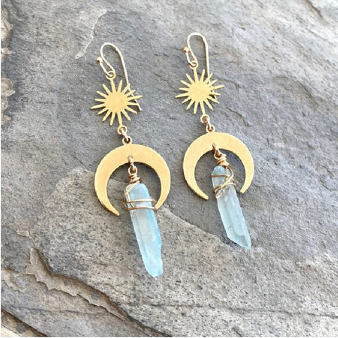 Crystal Pendant Earrings,moon and sun, raw crystal earrings,crystal ,bohemian earrings,crescent moon earrings,angel aura quartz