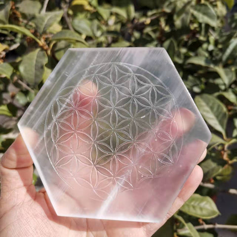 Natural selenite stone hexagon disk gypsum crystal Flower of Life Chakra sexangle Plate