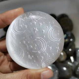 Natural selenite round moon and star pattern