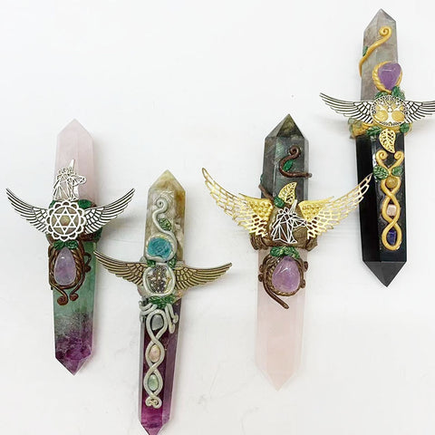 Healing Natural Gemstone Quartz Wand Hand Made Various Material Magic Wand For Gift Tss| |