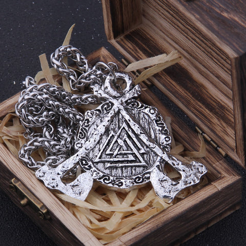 Iron Color Viking axe and Odin Rune Necklace with Stainless Steel Chain As Men Gift and wooden box