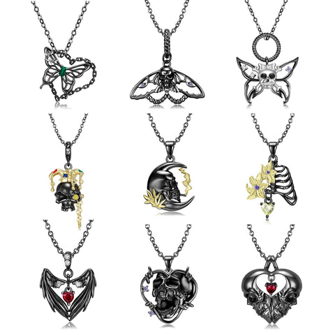 925 Sterling Silver Butterfly Moth Skull Scream Black Wings Chain Necklace for Girl Women Jewelry