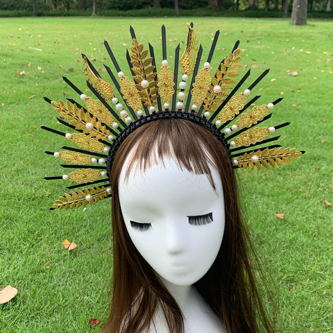 Lolita Sunburst Golden Spike Halo Crown Pearl Headpiece Fairy Fairy Wedding Bride Plastic ZIP TIE and Metal piece Wrap Hairband