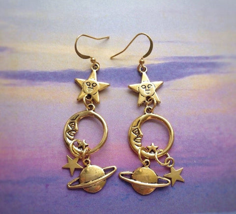 Long Dangly Earrings, Moon, Stars and Saturn,Celestial Earrings for Women Nickel-free,Witchy Jewelry-Celestial Gift for Wiccan