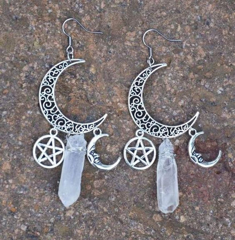 Moon Pentagram Quartz Crystal Witchy Earrings Boho Hippie Bohemian Celestial Witchy Metaphysical Jewelry