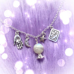 Natural Moonstone Crystal Ball Necklace with Palmistry Charms, Moon and Stars,Wicca,Witch,Pagan,Gypsy,Magic,Fortune Teller