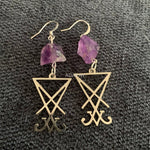 Natural Purple Crystal Raw Stone Lucifer Sigil Symbol Earring Healing Stone Teardrop Witch Creative Gothic Jewellery Women Gift