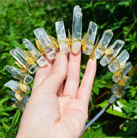 Natural crystal raw crystal crown handmade custom golden leaves moon diy natural amethyst crown headband