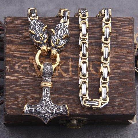 Never Fade Men stainless steel Wolf head norse viking amulet thor hammer pendant necklace viking king chain