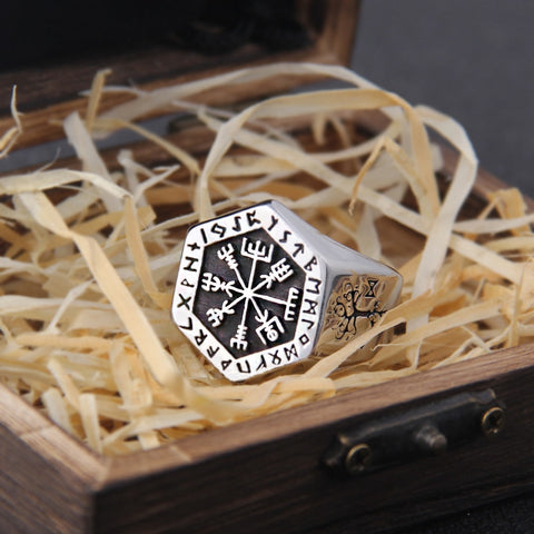 Never Fade Stainless Steel Viking Compass Runic Statement Rings Men Vintage Color Nordic Viking Totem Odin Men Rings Jewelry