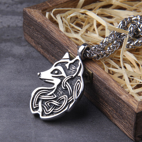 Never Fade viking fox necklace animal amulet irish knots talisman wicca pagan punk necklace with wooden box
