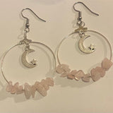 Bohemia Moon In Rose Quartz Hoop Earrings Stars Dangle Witch Jewelry Healing Halloween Statement Delicacy Jewelry