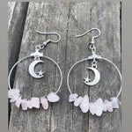 Bohemia Moon In Rose Quartz Hoop Earrings Stars Dangle Witch Jewelry Healing Halloween Statement Delicacy Jewelry