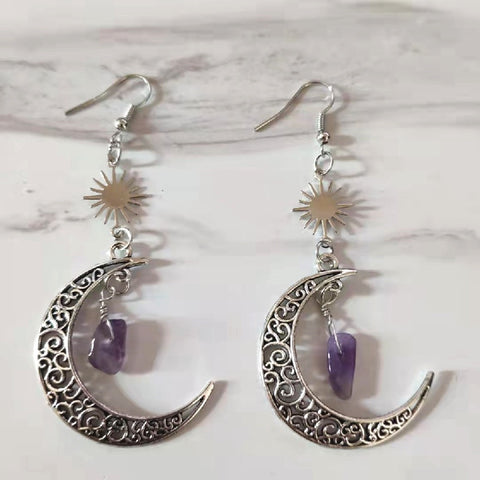 Crescent Sun Moon Amethyst Crystals Stone Earring Wicca Healing Crystal Magic Protection Celestial Witchy Jewelry