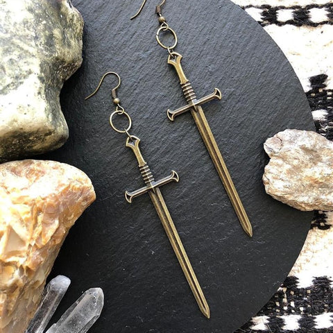 New Long sword earrings Bronze dangle dagger Edgy fantasy Tarot magic occult Halloween witches gift 2020 Fashion Women