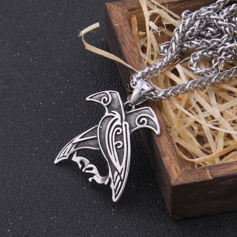 Nordic mythology Odin Huginn and Muninn pendant necklace viking Raven necklace stainless steel never fade with wooden box