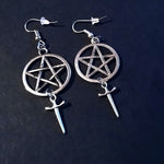 Pentagram and dagger earrings silver colour with tiny charms pentacle witchy wicca gothic jewelry